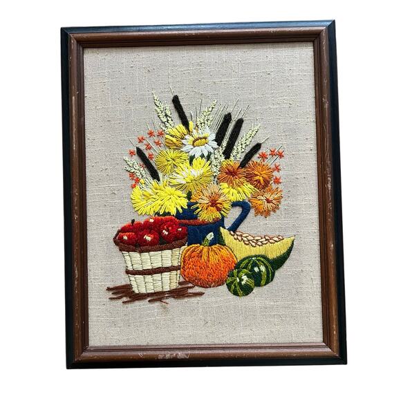 Vintage Crewel Embroidery Framed Fruit Flowers Fall Autumn Apple Pumpkin 20"x16" - Picture 1 of 2